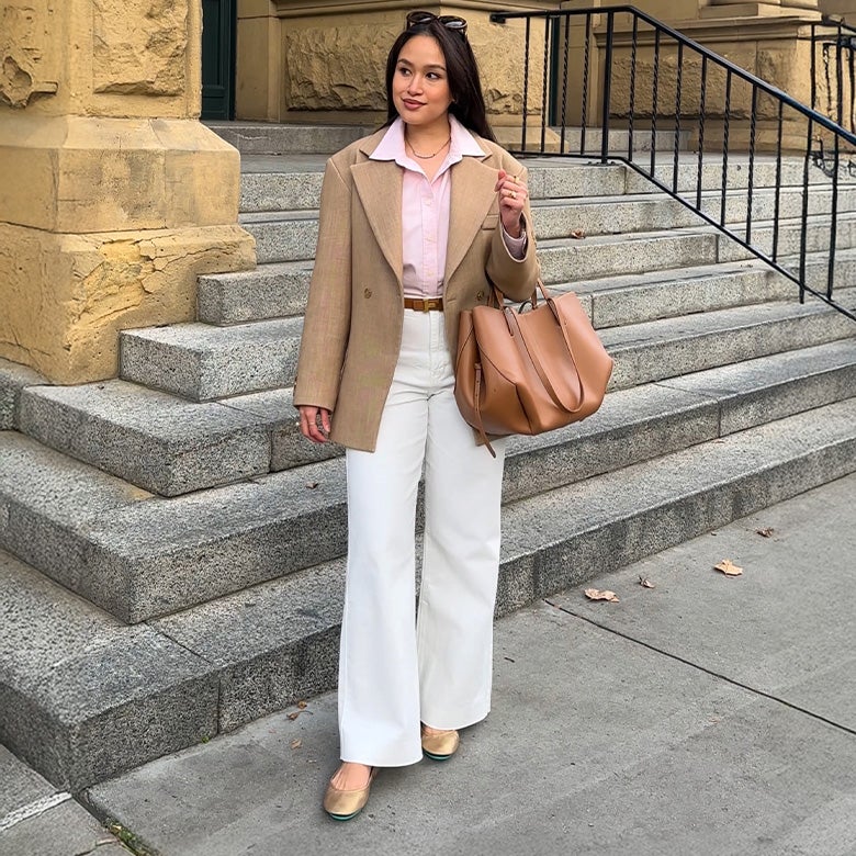 metallic gold tieks ballet flats styled in a professional work outfit