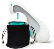Tieks Diamond white ballet flat folded and placed into pouch for easy transport.